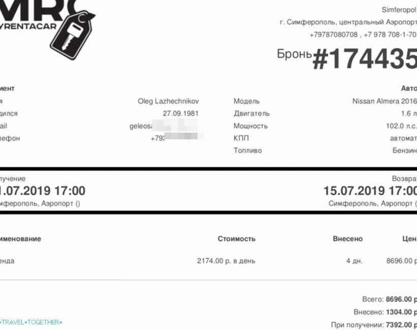 Овако изгледа ваучер за изнајмљивање аутомобила на Криму